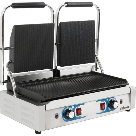 Heavy Duty Twin Panini Contact grill Dual Zone 3.6kW Ribbed | Adexa MLP813